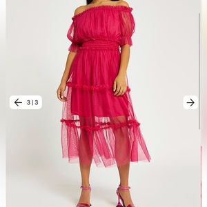 River Island Hot pink Bardot style tulle midi dress 12 petite